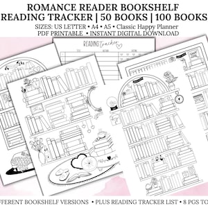 Estantería de lectura para lectores de novelas románticas, registro de lectura, libros leídos para imprimir, lector de 50 libros, 100 libros en formato PDF Carta/A4/A5/HP Classic