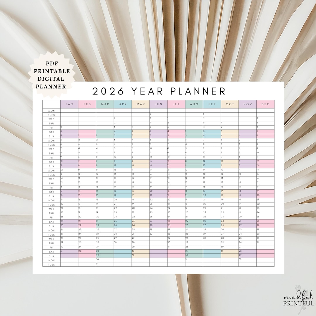 2026 Year Planner Printable Year at a Glance Calendar Minimalist Annual