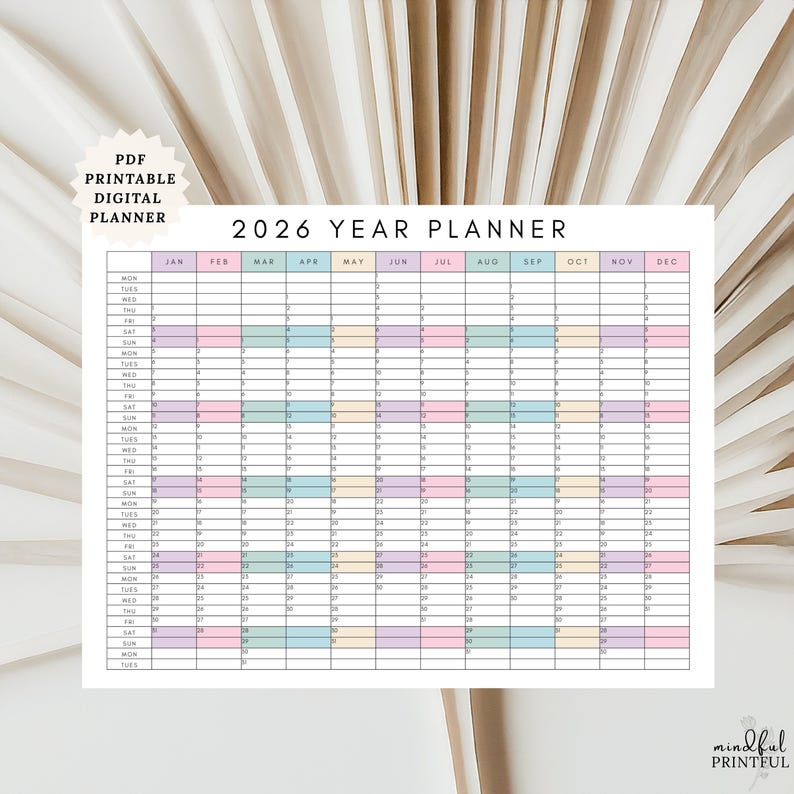 2026 Year Planner Printable Year at a Glance Calendar Minimalist Annual ...