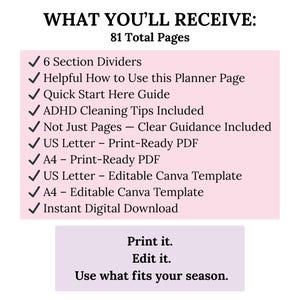 K&ouml;nnte beinhalten: Details eines digitalen Planers mit dem Text: "WHAT YOU'LL RECEIVE: 81 Total Pages." Enth&auml;lt Abschnittsunterteiler, Anleitungen, Reinigungstipps und druckfertige PDFs in den Formaten US Letter und A4. Enth&auml;lt auch bearbeitbare Canva-Vorlagen und einen sofortigen digitalen Download.