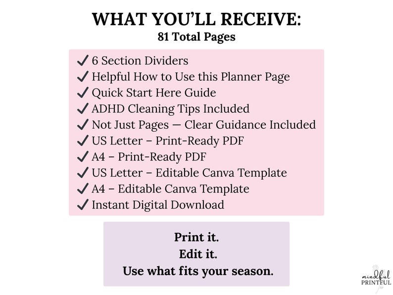 K&ouml;nnte beinhalten: Details eines digitalen Planers mit dem Text: "WHAT YOU'LL RECEIVE: 81 Total Pages." Enth&auml;lt Abschnittsunterteiler, Anleitungen, Reinigungstipps und druckfertige PDFs in den Formaten US Letter und A4. Enth&auml;lt auch bearbeitbare Canva-Vorlagen und einen sofortigen digitalen Download.