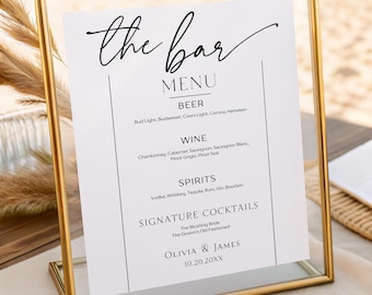 Plantilla de letrero de menú de bar, letrero minimalista para bar de bodas, menú de bebidas imprimible, letrero de cóctel exclusivo, menú de bar moderno, letrero editable en varios tamaños