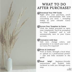 Puede incluir: Un jarr&oacute;n blanco que contiene hierbas secas altas junto a un texto titulado WHAT TO DO AFTER PURCHASE? con cinco pasos: Download Your PDF Guide, Access Your Template in Canva, Customize with Ease, Print & Celebrate, y Need help? con instrucciones.