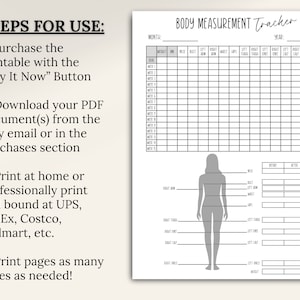 Puede incluir: Un rastreador de medidas corporales imprimible con una silueta de una persona y una tabla para registrar las medidas en pulgadas. El texto "BODY MEASUREMENT Tracker" est&aacute; en la parte superior de la p&aacute;gina. El texto "MONTH" y "YEAR" est&aacute; en la parte superior de la tabla. El texto "mindful PRINTFUL" est&aacute; en la parte inferior de la p&aacute;gina.