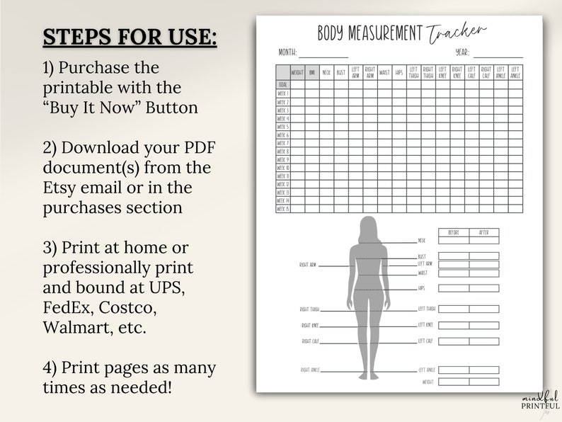 Puede incluir: Un rastreador de medidas corporales imprimible con una silueta de una persona y una tabla para registrar las medidas en pulgadas. El texto "BODY MEASUREMENT Tracker" est&aacute; en la parte superior de la p&aacute;gina. El texto "MONTH" y "YEAR" est&aacute; en la parte superior de la tabla. El texto "mindful PRINTFUL" est&aacute; en la parte inferior de la p&aacute;gina.