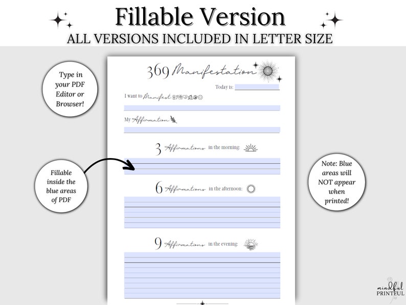 May include: A printable 369 manifestation journal with a blue fill-in area for writing affirmations. The journal includes sections for morning, afternoon, and evening affirmations. The text "369 Manifestation" is at the top of the page.
