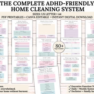 K&ouml;nnte beinhalten: Ein digitaler Download eines Hausreinigungssystems mit dem Titel "The Complete ADHD-Friendly Home Cleaning System". Es enth&auml;lt druckbare Seiten mit Reinigungsroutinen, Planern und Tipps. Die Seiten sind in Pastellfarben gehalten.