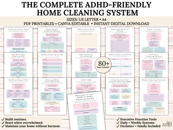 ADHD Cleaning Planner Printable Executive Function Home Management System Weekly Cleaning Schedule Declutter Planner Canva Editable PDF