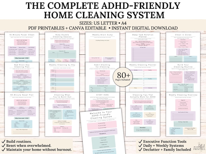 K&ouml;nnte beinhalten: Ein digitaler Download eines Hausreinigungssystems mit dem Titel "The Complete ADHD-Friendly Home Cleaning System". Es enth&auml;lt druckbare Seiten mit Reinigungsroutinen, Planern und Tipps. Die Seiten sind in Pastellfarben gehalten.