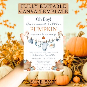 Editable Oh Bpy little pumpkin baby shower invitation template with fall-themed clothesline blue baby boy design, pumpkins, and cozy autumn accents , customizable in Canva, digital 5x7 printable invite for fall baby shower celebrations. pumpkin baby invite, fall baby shower, autumn shower invite, little pumpkin card, rustic baby shower, editable fall invite, canva baby template, baby shower printable, cozy fall invitation, digital baby invite, harvest shower invite, gender neutral invite