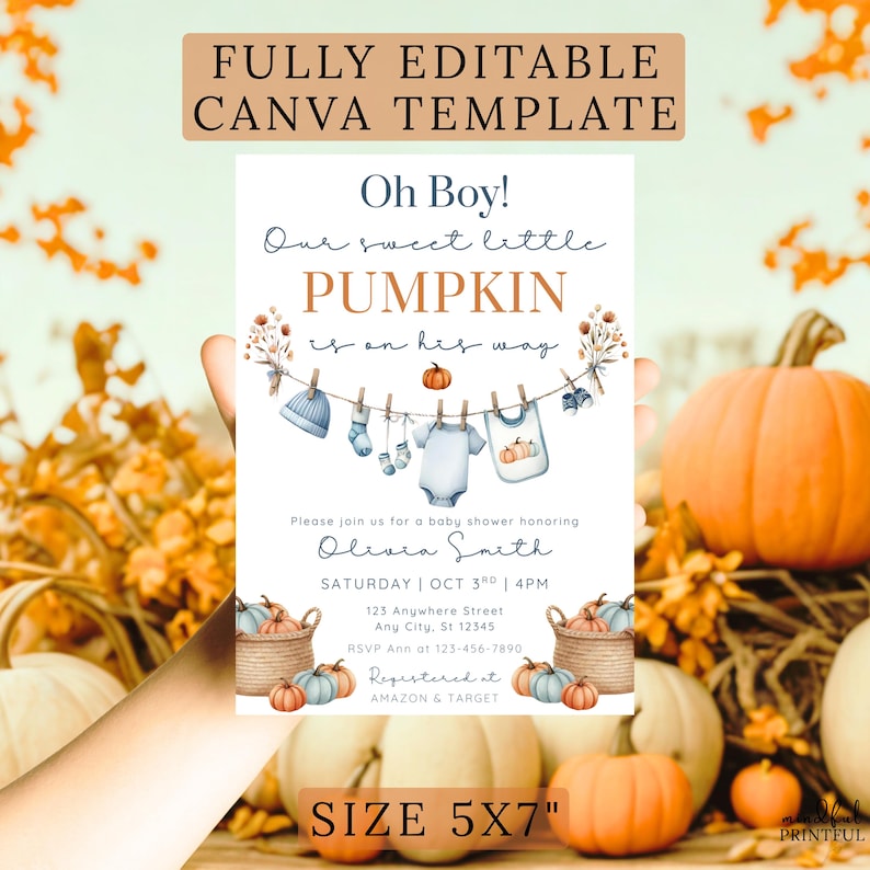 Editable Oh Bpy little pumpkin baby shower invitation template with fall-themed clothesline blue baby boy design, pumpkins, and cozy autumn accents , customizable in Canva, digital 5x7 printable invite for fall baby shower celebrations. pumpkin baby invite, fall baby shower, autumn shower invite, little pumpkin card, rustic baby shower, editable fall invite, canva baby template, baby shower printable, cozy fall invitation, digital baby invite, harvest shower invite, gender neutral invite