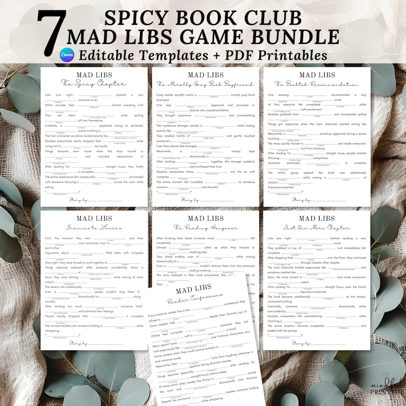 Puede incluir: Un paquete de siete plantillas de juegos Mad Libs imprimibles para clubes de lectura, con t&iacute;tulos como The Spicy Chapter, The Morally Gray Book Boyfriend y Reader Confessions, que incluyen espacios en blanco para completar.