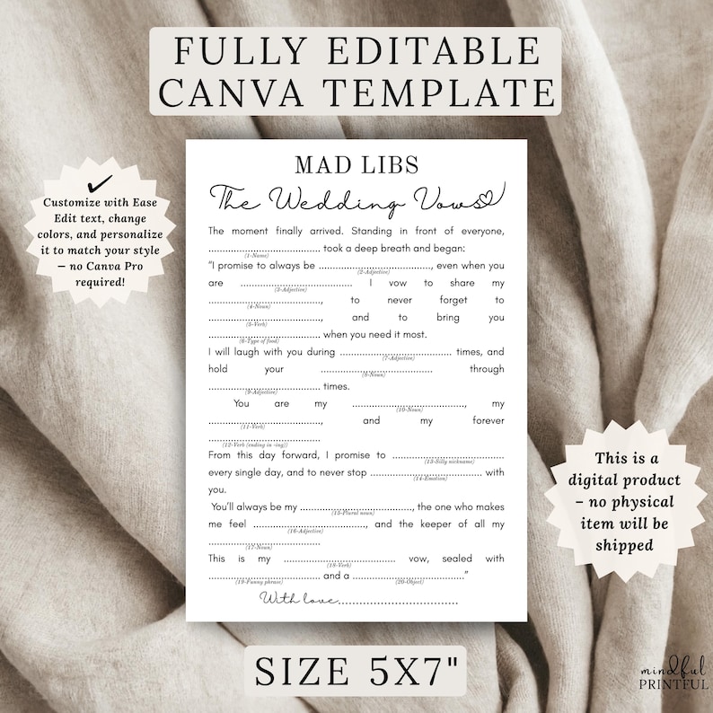Bridal shower mad libs printable game bundle featuring 7 funny wedding-themed stories including The First Date, A Love Story, The Proposal, The Wedding Vows, A Wedding Story, The Honeymoon, and Wedding Advice. Perfect for bridal showers, bachelorette parties, rehearsal dinners, and wedding celebrations. Instant download party game with word lists and story pages for endless laughter and keepsake fun.