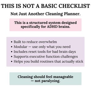 K&ouml;nnte beinhalten: Wei&szlig;er Hintergrund mit schwarzem, rosa und gr&uuml;nem Text. Der Text lautet &bdquo;THIS IS NOT A BASIC CHECKLIST&ldquo; und &bdquo;Not Just Another Cleaning Planner&ldquo;. Zus&auml;tzlicher Text beschreibt ein strukturiertes System f&uuml;r ADHS-Gehirne mit Aufz&auml;hlungszeichen.