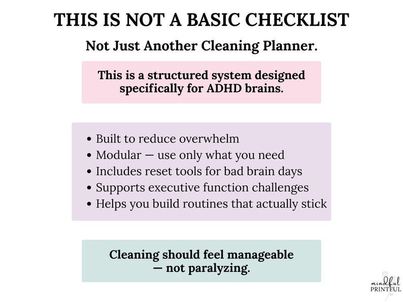 K&ouml;nnte beinhalten: Wei&szlig;er Hintergrund mit schwarzem, rosa und gr&uuml;nem Text. Der Text lautet &bdquo;THIS IS NOT A BASIC CHECKLIST&ldquo; und &bdquo;Not Just Another Cleaning Planner&ldquo;. Zus&auml;tzlicher Text beschreibt ein strukturiertes System f&uuml;r ADHS-Gehirne mit Aufz&auml;hlungszeichen.