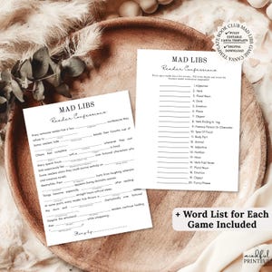 Puede incluir: Dos hojas de papel blanco con un juego Mad Libs Reader Confessions que incluye l&iacute;neas para completar y consignas. El texto contiene instrucciones y listas numeradas para las palabras. Un sello circular indica una plantilla Canva editable.