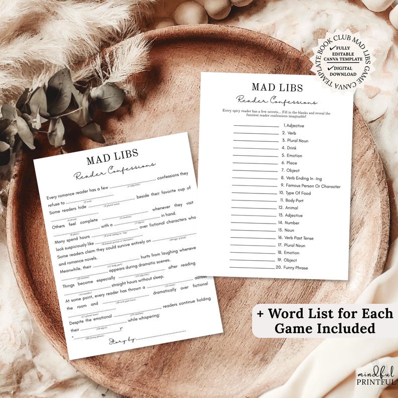 Puede incluir: Dos hojas de papel blanco con un juego Mad Libs Reader Confessions que incluye l&iacute;neas para completar y consignas. El texto contiene instrucciones y listas numeradas para las palabras. Un sello circular indica una plantilla Canva editable.