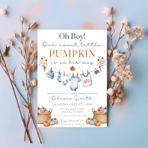 Editable Oh Bpy little pumpkin baby shower invitation template with fall-themed clothesline blue baby boy design, pumpkins, and cozy autumn accents , customizable in Canva, digital 5x7 printable invite for fall baby shower celebrations. pumpkin baby invite, fall baby shower, autumn shower invite, little pumpkin card, rustic baby shower, editable fall invite, canva baby template, baby shower printable, cozy fall invitation, digital baby invite, harvest shower invite, gender neutral invite