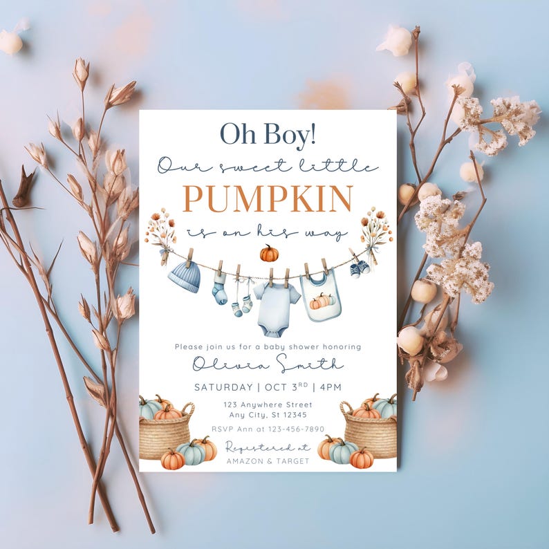 Editable Oh Bpy little pumpkin baby shower invitation template with fall-themed clothesline blue baby boy design, pumpkins, and cozy autumn accents , customizable in Canva, digital 5x7 printable invite for fall baby shower celebrations. pumpkin baby invite, fall baby shower, autumn shower invite, little pumpkin card, rustic baby shower, editable fall invite, canva baby template, baby shower printable, cozy fall invitation, digital baby invite, harvest shower invite, gender neutral invite