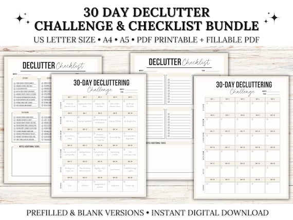 30 Day Declutter Challenge with Declutter Checklist Printable, Decluttering Guide, Declutter Workbook, Cleaning Checklist, Fillable PDF