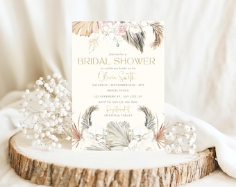 Boho Floral Bridal Shower Invitation Template Bohemian Bridal Bridal Shower Invitation Neutral Boho Wedding Shower Edit in Canva Invite