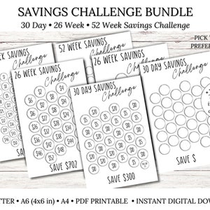 May include: Printable savings challenge bundle with four different options: 30 day, 26 week, 52 week, and a blank template. Each option features a circle design with dollar amounts to track savings progress. The text "Save &pound;300" is visible on one of the printable sheets.