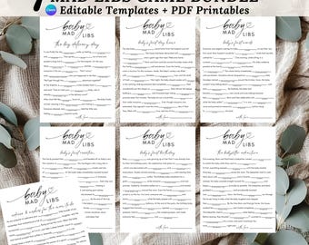May include: A bundle of seven baby shower Mad Libs game templates. Each template features a different theme, including the delivery day, first day home, and first words. The games are designed to be editable and printable.