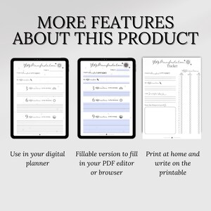 May include: A digital planner, fillable PDF, and printable version of a 369 manifestation tracker. The tracker includes sections for daily affirmations, gratitude, and a space to write down your desires. The digital version is shown on a tablet screen, the fillable PDF is shown on a white background, and the printable version is shown on a white background.