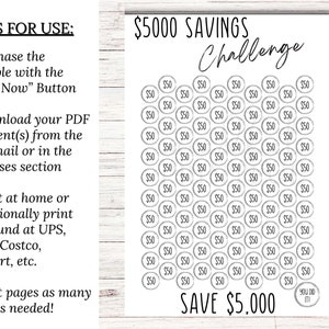 May include: A printable savings challenge chart with a black and white design. The chart features 100 circles, each with the number &pound;50 inside. The chart is titled "&pound;5000 Savings Challenge" and includes the text "SAVE &pound;5,000".