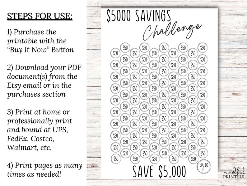 May include: A printable savings challenge chart with a black and white design. The chart features 100 circles, each with the number &pound;50 inside. The chart is titled "&pound;5000 Savings Challenge" and includes the text "SAVE &pound;5,000".