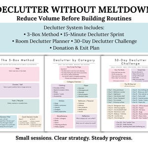 K&ouml;nnte beinhalten: Ein Entr&uuml;mpelungsleitfaden mit dem Titel &bdquo;DECLUTTER WITHOUT MELTDOWN&ldquo;. Der Leitfaden enth&auml;lt Abschnitte zur 3-Box-Methode, einer 30-Tage-Challenge und einem Raum-Entr&uuml;mpelungsplaner. Das Farbschema ist pastellfarben mit rosa, blau und gr&uuml;nen Bl&ouml;cken.