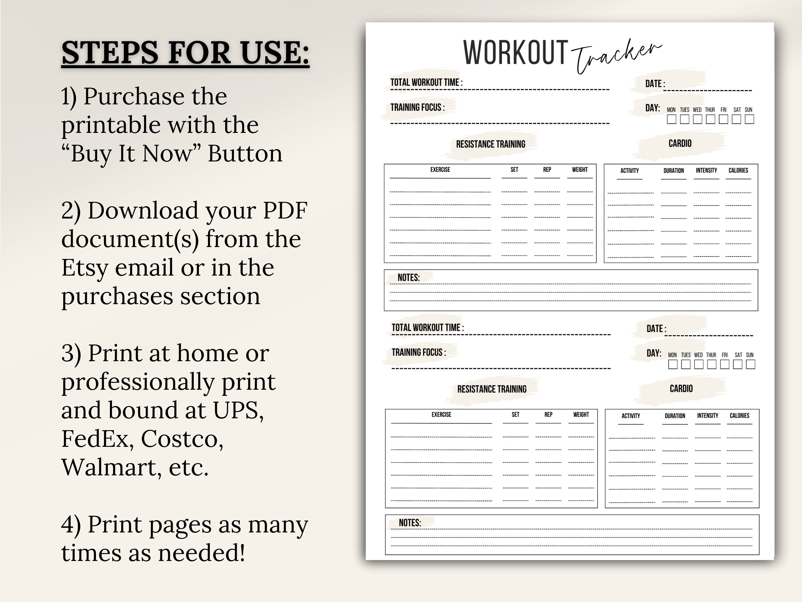 Workout Tracker Printable PDF, Weight Lifting Log, Daily Exercise Log ...