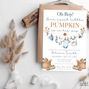 Editable Oh Bpy little pumpkin baby shower invitation template with fall-themed clothesline blue baby boy design, pumpkins, and cozy autumn accents , customizable in Canva, digital 5x7 printable invite for fall baby shower celebrations. pumpkin baby invite, fall baby shower, autumn shower invite, little pumpkin card, rustic baby shower, editable fall invite, canva baby template, baby shower printable, cozy fall invitation, digital baby invite, harvest shower invite, gender neutral invite