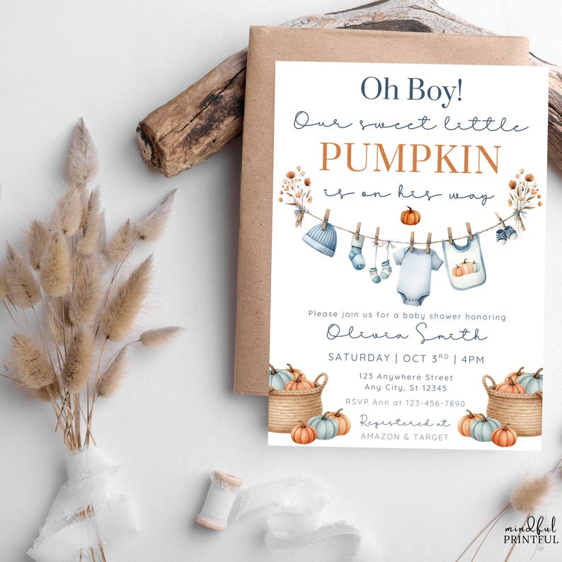 Editable Oh Bpy little pumpkin baby shower invitation template with fall-themed clothesline blue baby boy design, pumpkins, and cozy autumn accents , customizable in Canva, digital 5x7 printable invite for fall baby shower celebrations. pumpkin baby invite, fall baby shower, autumn shower invite, little pumpkin card, rustic baby shower, editable fall invite, canva baby template, baby shower printable, cozy fall invitation, digital baby invite, harvest shower invite, gender neutral invite