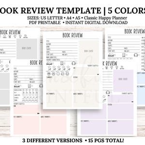 Plantilla de revisión de libros a color para imprimir, diario de lectura digital, paquete de libros, registro de lectura, PDF, carta, A4, A5 y HP Classic