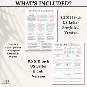 May include: Two A4 cleaning schedule printables. One is pre-filled, the other is blank. The schedules have pastel colour blocks for each day of the week and a list of cleaning tasks. Each is 21.6 x 27.9 cm.