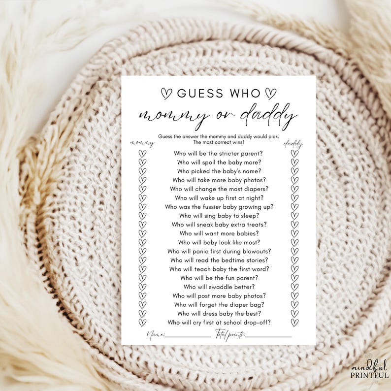 Add some laughs and friendly competition to your baby shower with this Guess Who: Mommy or Daddy Game! Guests will try to guess who’s more likely to handle all the new parent duties — from diaper duty to late-night feedings — making it the perfect icebreaker for any crowd.