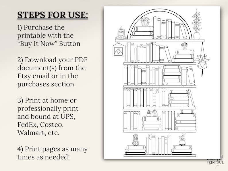 May include: Black and white line drawing of a bookshelf with five shelves filled with books and plants. The text "STEPS FOR USE" is at the top of the image. The text below the bookshelf says "remarkable PRINTFUL".