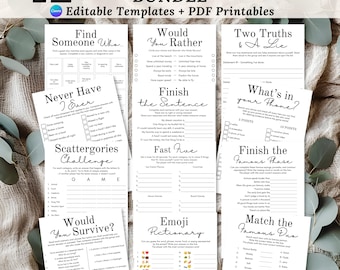 Paquete de juegos rompehielos Plantilla editable de Canva Juegos para fiestas Actividades imprimibles para la formación de equipos Iniciadores de conversación Juegos grupales para la oficina