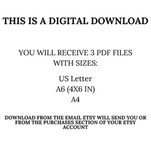 May include: Text on a white background that reads "This is a digital download. You will receive 3 PDF files with sizes: US Letter, A6 (4x6 in), A4. Download from the email Etsy will send you or from the purchases section of your Etsy account."  The text "mindful PRINTFUL" is in a smaller font at the bottom right corner of the image.