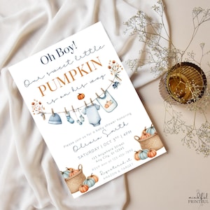 Editable Oh Bpy little pumpkin baby shower invitation template with fall-themed clothesline blue baby boy design, pumpkins, and cozy autumn accents , customizable in Canva, digital 5x7 printable invite for fall baby shower celebrations. pumpkin baby invite, fall baby shower, autumn shower invite, little pumpkin card, rustic baby shower, editable fall invite, canva baby template, baby shower printable, cozy fall invitation, digital baby invite, harvest shower invite, gender neutral invite