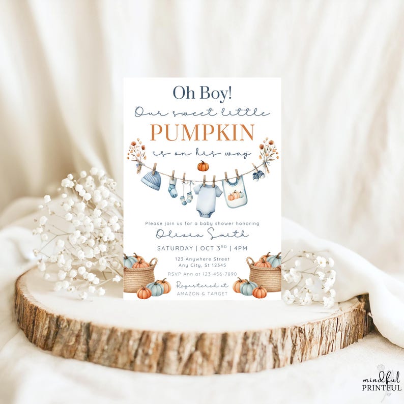 Editable Oh Bpy little pumpkin baby shower invitation template with fall-themed clothesline blue baby boy design, pumpkins, and cozy autumn accents , customizable in Canva, digital 5x7 printable invite for fall baby shower celebrations. pumpkin baby invite, fall baby shower, autumn shower invite, little pumpkin card, rustic baby shower, editable fall invite, canva baby template, baby shower printable, cozy fall invitation, digital baby invite, harvest shower invite, gender neutral invite