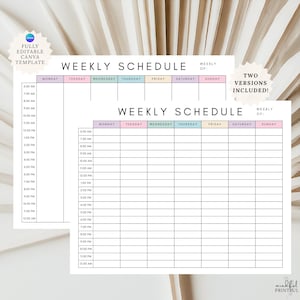 May include: Two white weekly schedule templates with black text and pastel-colored headers for each day of the week. The grids feature hourly time slots from 6:00 AM to 12:00 AM. Text includes "WEEKLY SCHEDULE" and "WEEKLY OF:" with two circular badges.