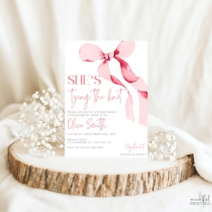 She&#39;s Tying The Knot Bridal Shower Invitation Template Pink Bow Bridal Shower Invite Ribbon Bow Coquette Wedding Shower Edit in Canva Invite