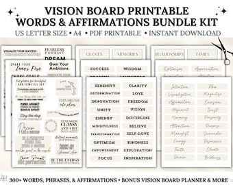 Vision Board Printables Bundle Kit, 2025 Vision Board Kit Words, Phrases & Positive Affirmations, Manifesting, Motivational Quotes