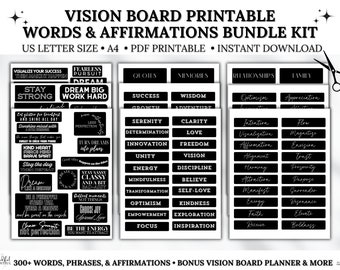 Vision Board Printables Bundle Kit, 2025 Vision Board Kit Words, Phrases & Positive Affirmations, Manifesting, Motivational Quotes