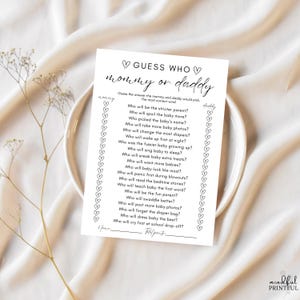 Add some laughs and friendly competition to your baby shower with this Guess Who: Mommy or Daddy Game! Guests will try to guess who’s more likely to handle all the new parent duties — from diaper duty to late-night feedings — making it the perfect icebreaker for any crowd.