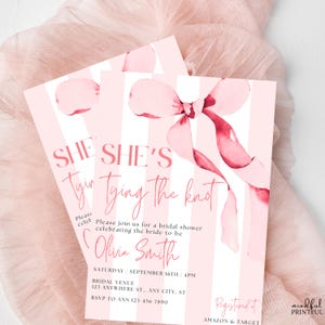 She&#39;s Tying The Knot Bridal Shower Invitation Template Pink Bow Bridal Shower Invite Ribbon Bow Coquette Wedding Shower Edit in Canva Invite