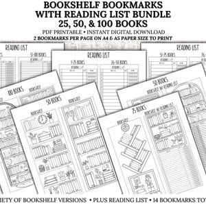 May include: Printable bookshelf bookmarks with reading lists for 25, 50, and 100 books.  The bookmarks feature a variety of bookshelf designs and are perfect for tracking your reading progress.