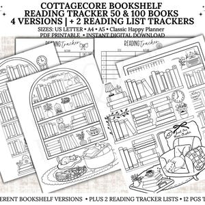 Puede incluir: Imágenes en blanco y negro de rastreadores de lectura imprimibles con ilustraciones de estanterías. La imagen incluye cuatro versiones diferentes de estanterías y dos rastreadores de listas de lectura. El texto dice "COTTAGECORE BOOKSHELF READING TRACKER 50 & 100 BOOKS".